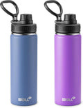 2 Pack Water Bottle - 22 oz Stainless Steel Double Wall Vacuum Insulated Wide Mouth Sports Water Bottle Flask with Leakproof Spout Lid (Royal Blue-Purple)