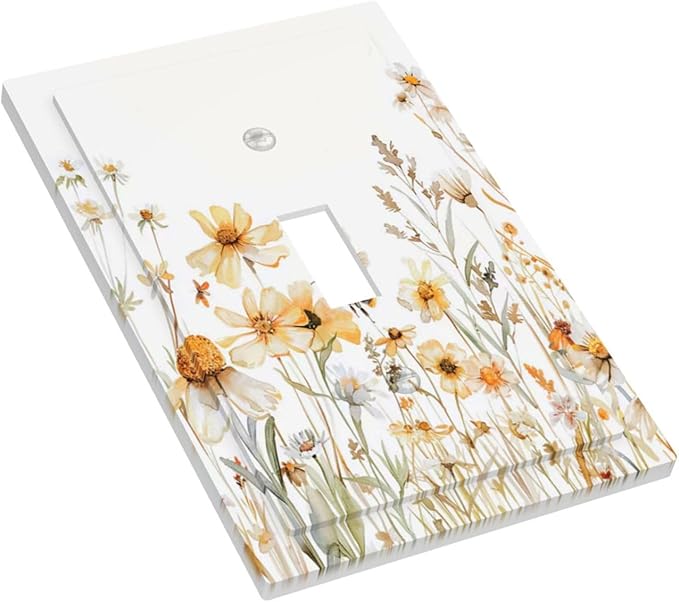 Yellow White Daisy Floral Bee Wild Flower Decorative Light Switch Cover 1 Gang Single Toggle Device Electrical Faceplate Switchplates Decorator Outlet Wall Plate for Bedroom Living Room Decor