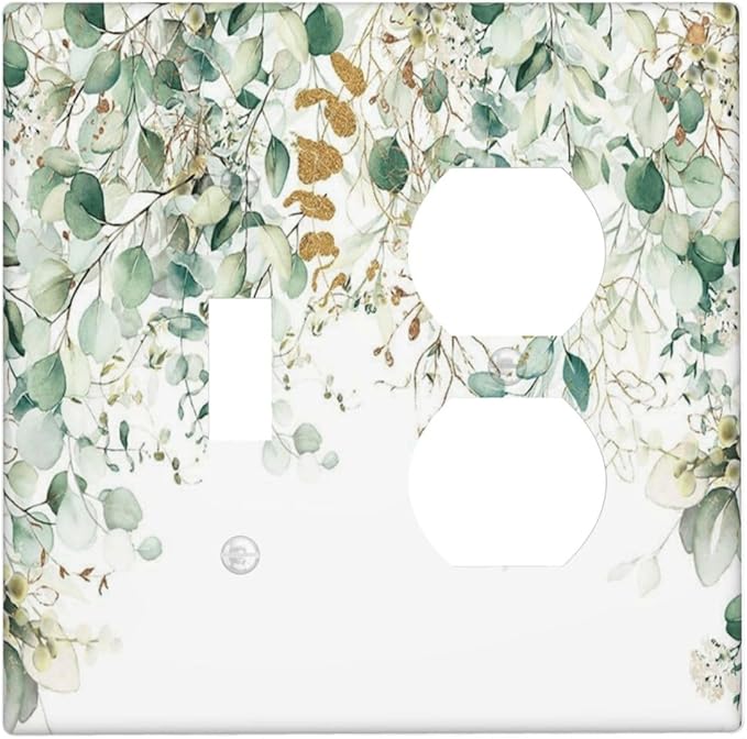 Gold Green Eucalyptus Leaves Plants Flowers Floral Wallplates 1 Toggle 1 Duplex Switch Plate Electrical GFCI Faceplate Decorative Light Switch Covers for Bedroom Living Room Decor