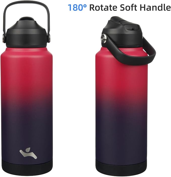 Konokyo Insulated Water Bottle with Straw Lid,32 oz Stainless Steel Vacuum Metal Bottle with Silicone Handle,Rosy Red