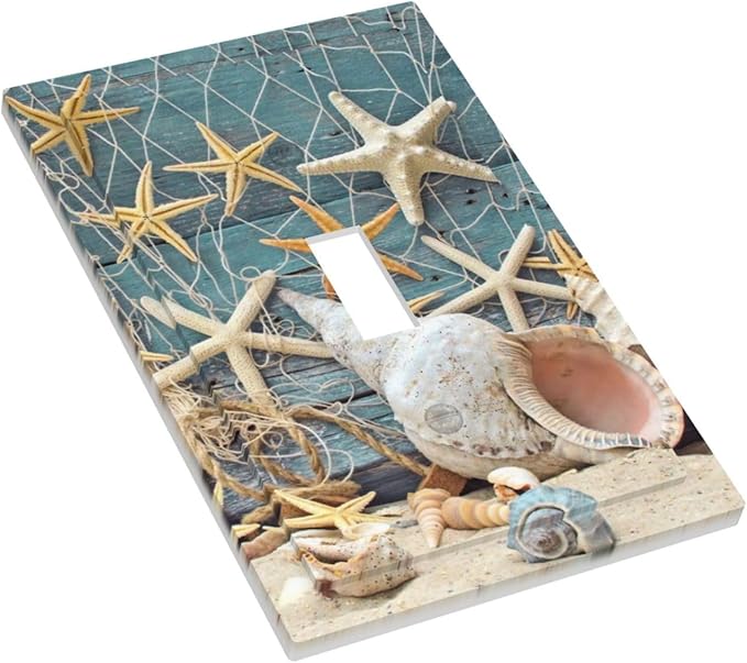 Decorative Outlet Cover Nautical Beach Conch Coral Coastal Starfish on Turquoise Blue Teal Wood 1 Gang Light Switch Cover Fishing Net Single Toggle Decorator Wall Plate Electrical Switch Face Plate
