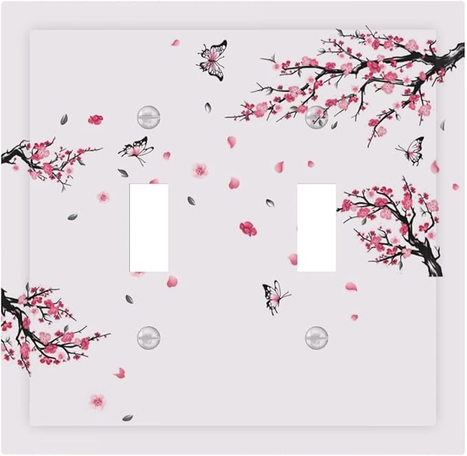 Pink Watercolor Cherry Blossom Flowe Tree Branch Floral Decorative Switch Plates 2 Gang Double Toggle Outlet Light Switch Cover Wall Plate Electrical Faceplate for Bedroom Living Room Decor