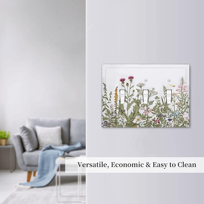 Rustic Wild Floral Vintage Teal Botanical Triple Toggle Light Switch Cover Decorative 3 Gang Wall Plates Electrical Faceplate for Decor Bathroom Kitchen Bedroom