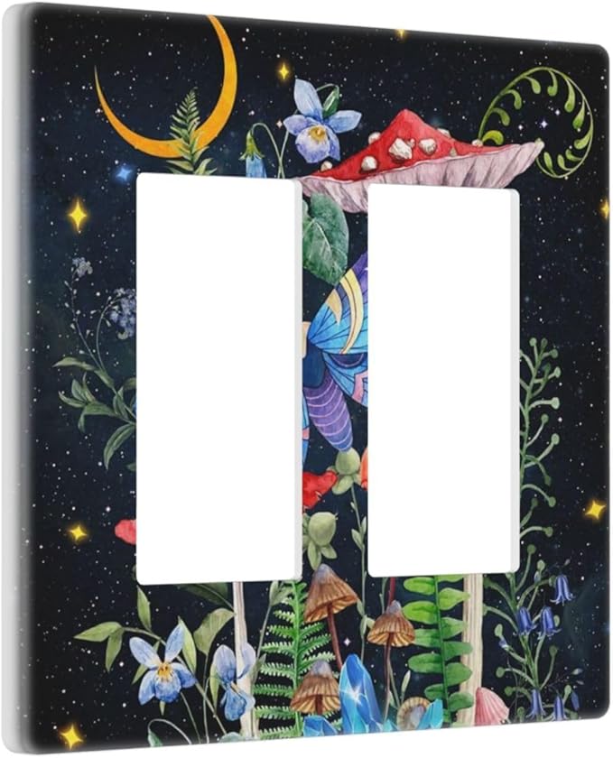 Boho Butterfly Mushroom Starry Moon Night Phase Stars Botanical Moth 2 Gang Screwless Double GFCI Decorator/Rocker Outlet Light Switch Wall Plate Covers Decorative Dual Device Receptacle Faceplate