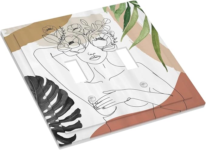 Mid Century Abstract Women Lady Boho Palm Leaf Double Toggle Light Switch Covers Decorative Unique 2 Gang Wall Plate Dual Electrical Faceplate Switchplate for Bathroom Bedroom Living Room Decor