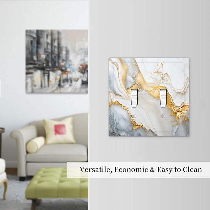 Exquisite White Gold Marble Abstract Luxurious Print Decorative Switch Plates 2 Gang Double Toggle Outlet Light Switch Cover Wall Plate Electrical Faceplate for Bathroom Kitchen Decor