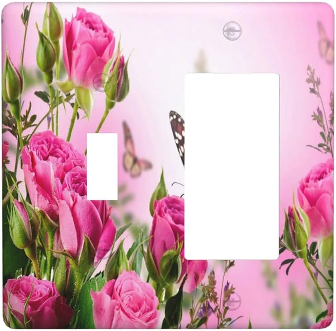 Pink Rose 2 Gang Single Toggle/Rocker Combination Light Switch Cover Decorative Wall Plate Faceplate Floral Butterfly Boys Kids Teen Girl Bedroom Room Decorate 4.5" x 4.5