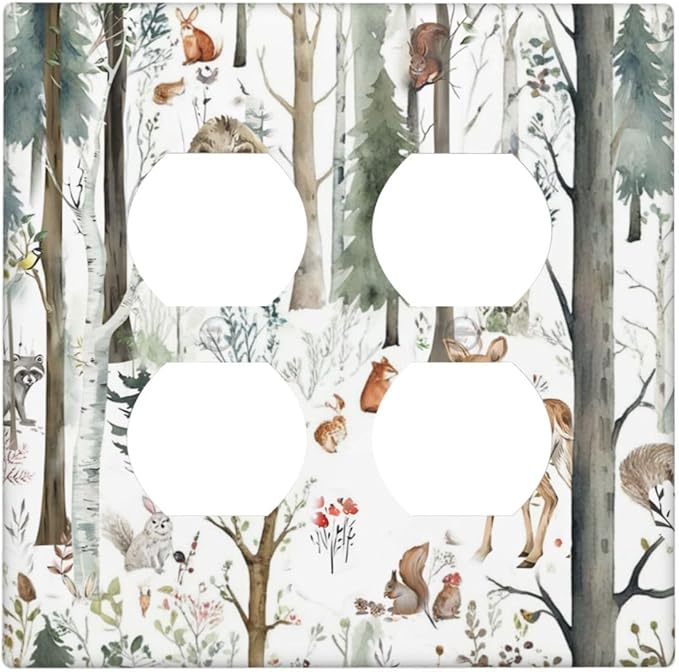 Snow Bear Fox Deer Forest Squirrel Wild Life Animal Outlet Covers 2 Gang Double Duplex Decorative Light Switch Covers Electrical Wallplates Socket Faceplate for Farmhouse Kids Room Decor