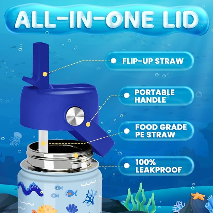SANDJEST Kids Water Bottle with Straw Lid - 12 Oz Insulated Stainless Steel Ocean Water Bottles for Kid Boys - Travel Cup for School Sports