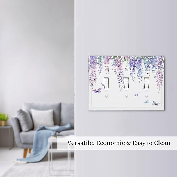 Decorative Switch Plates Purple Flowers Watercolor Floral Butterflies 3 Gang Wall Plate Triple Toggle Light Switch Cover Faceplate Electrical Wall Panels For Bed Room Living Room Decor