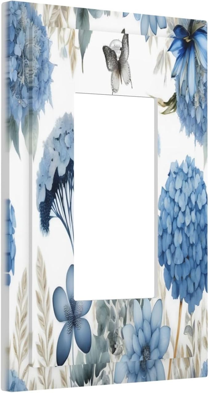 Blue Floral Hydrangea Floral Butterfly Flower Plant Decorative Outlet Covers 1 Gang Single Rocker Light Switch Cover Plate Wall Plates GFCI Faceplate for Bedroom Living Room Decor