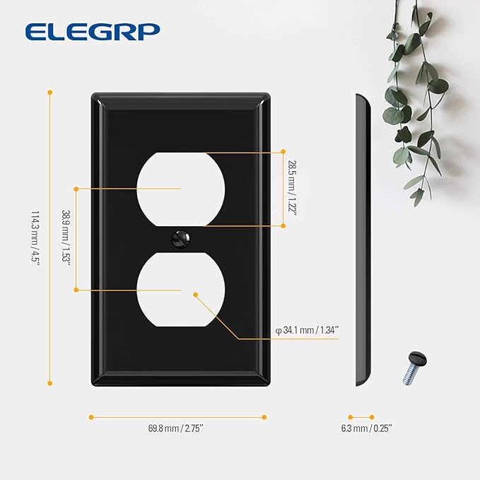 ELEGRP Duplex Receptacle Outlet Covers, 1-Gang Standard Size Wall Plates, Unbreakable Polycarbonate Dual Outlet Faceplates Covers, UL Listed, Color-matched Screws Included (10 Pack, Glossy Black)