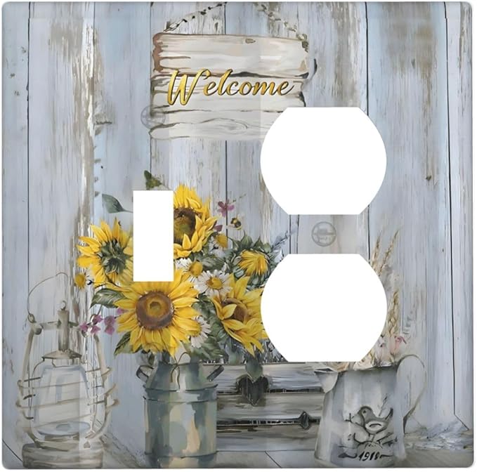 Rustic Sunflower Floral Vintage Wood Board Wallplates 1 Toggle 1 Duplex Switch Plate Electrical GFCI Faceplate Decorative Light Switch Covers for Farmhouse Home Decor