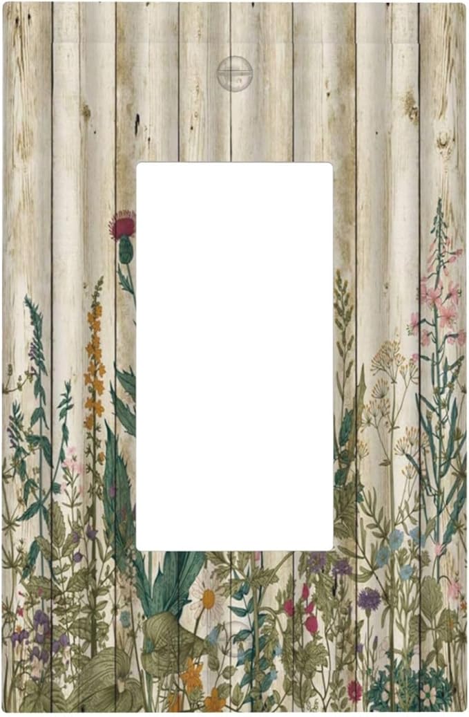 Vintage Wild Flowers Botanical Green Leaves Plants 1 Gang Rocker Light Switch Covers Decorative Rustic Wood Plank Single Decora Outlet Wall Plate Faceplate Switchplate GFCI for Farmhouse