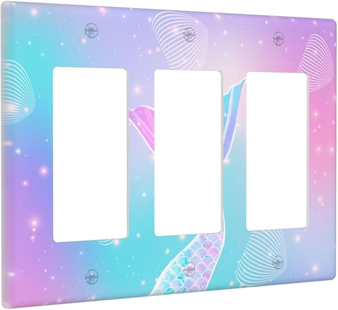 Mermaid 3 Gang Rocker Outlet Covers Triple Rocker Light Switch Cover Rainbow Tail Scales Jelly Fish Switchplates Decorative Electrical Wall Plate for Nursery Girls Boys Room Kids Room Decor