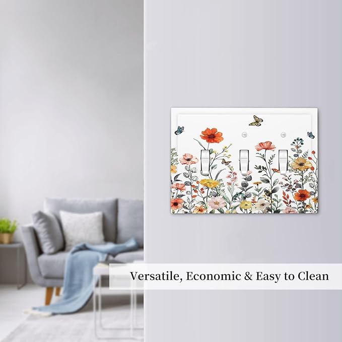 Colorful Butterfly Blossom Flower Floral 3 Gang Light Switch Plate Decorative Triple Toggle Wall Plate Cover Electrical Faceplate Switch Face Plate