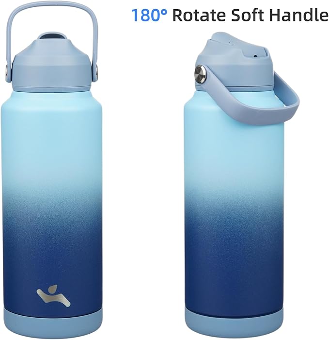 Konokyo Insulated Water Bottle with Straw Lid,32 oz Stainless Steel Vacuum Metal Bottle with Silicone Handle, Sky