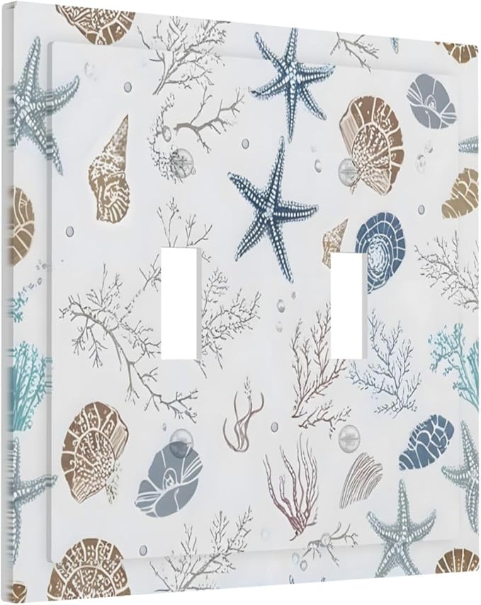 Ocean Starfish Seashells Nautical Coastal Sea Coral Decorative Switch Plates 2 Gang Double Toggle Outlet Light Switch Cover Wall Plate Electrical Faceplate for Kids Room Nursery Decor