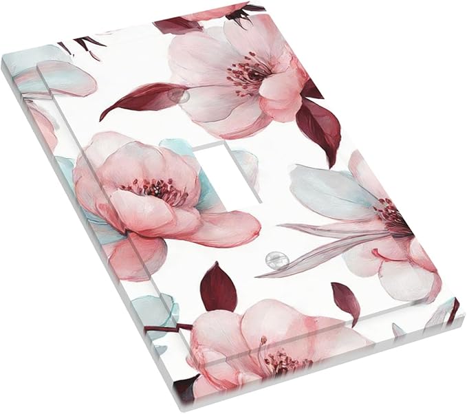 Watercolor Pink Cherry Blossom & Floral Burst 1-Gang Toggle Light Switch Plate, Romantic Floral Decorative Wall Plate for Bathroom Bedroom Vanity