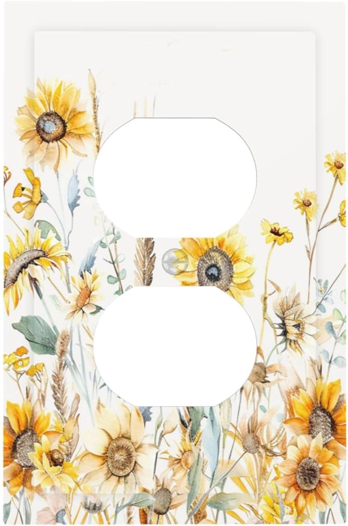 Yellow Floral Sunflowers Wheat Ears Watercolor Wild Flowers Outlet Covers 1 Gang Duplex Light Switch Cover Decorative Switch Plates Electrical Receptacle Faceplate Wall Plate for Bedroom Living Room