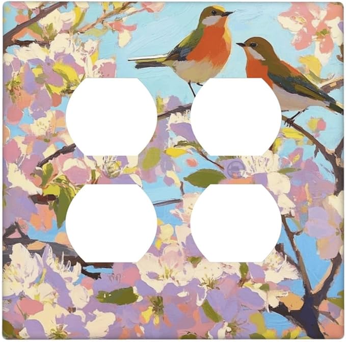 Bird Flower Double Duplex Receptacle Outlet Cover Wall Plate Decorative 2 Gang Light Switch Covers Electrical Switchplate Home Decorate Faceplat for Bathroom Bedroom Kitchen Room 4.5 x 4.5 Inch