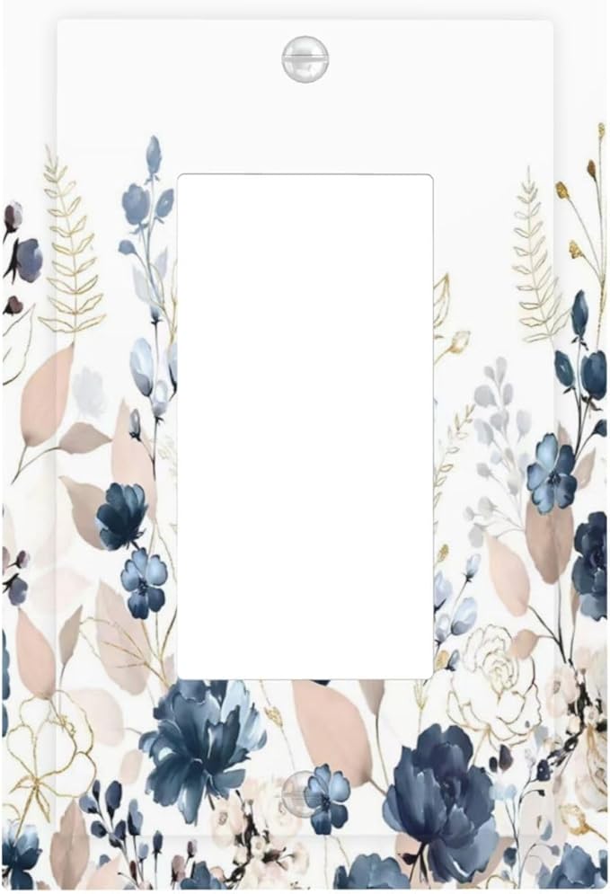 Blue Flora Boho Vintage Flower Golden Leaves Decorative Outlet Covers 1 Gang Single Rocker Light Switch Cover Plate Wall Plates GFCI Faceplate for Bedroom Living Room Decor