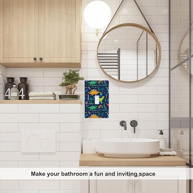Dinosaur Light Switch Cover Plate Colorful Dinosaurs in Navy Blue Single Toggle Wall Plate 1-Gang Switchplate for Teen Boys