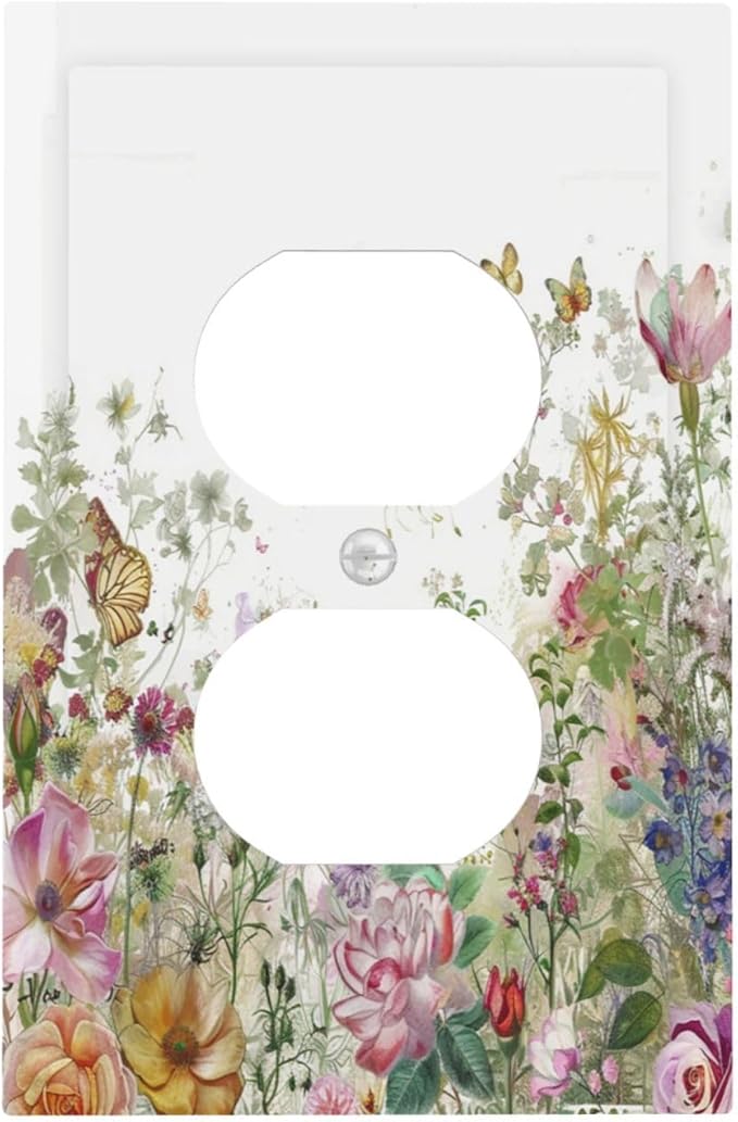 Outlet Covers Boho Wildflower Colorful Floral Butterfly 1 Gang Duplex Light Switch Cover Decorative Switch Plates Electrical Receptacle Faceplate Wall Plate For Bed Room Living Room