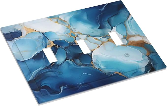 Decorative Light Switch Plate Covers Artistic Abstract Blue Marble Gold Line Painted 3 Gang Wall Plate Switch Cover Plate Triple Toggle Jumbo Electrical Faceplate for Bathroom Decor
