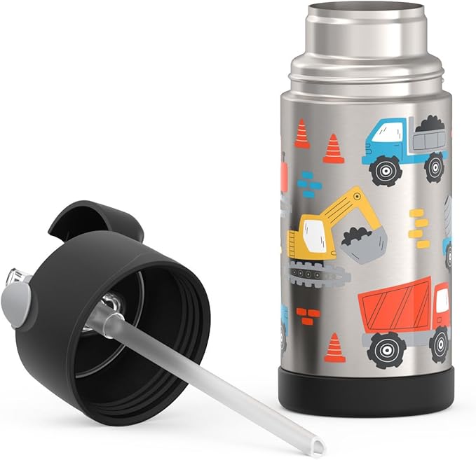 THERMOS FUNTAINER Water Bottle with Straw - 12 Ounce, Construction Site - Kids Stainless Steel Vacuum Insulated Water Bottle with Lid