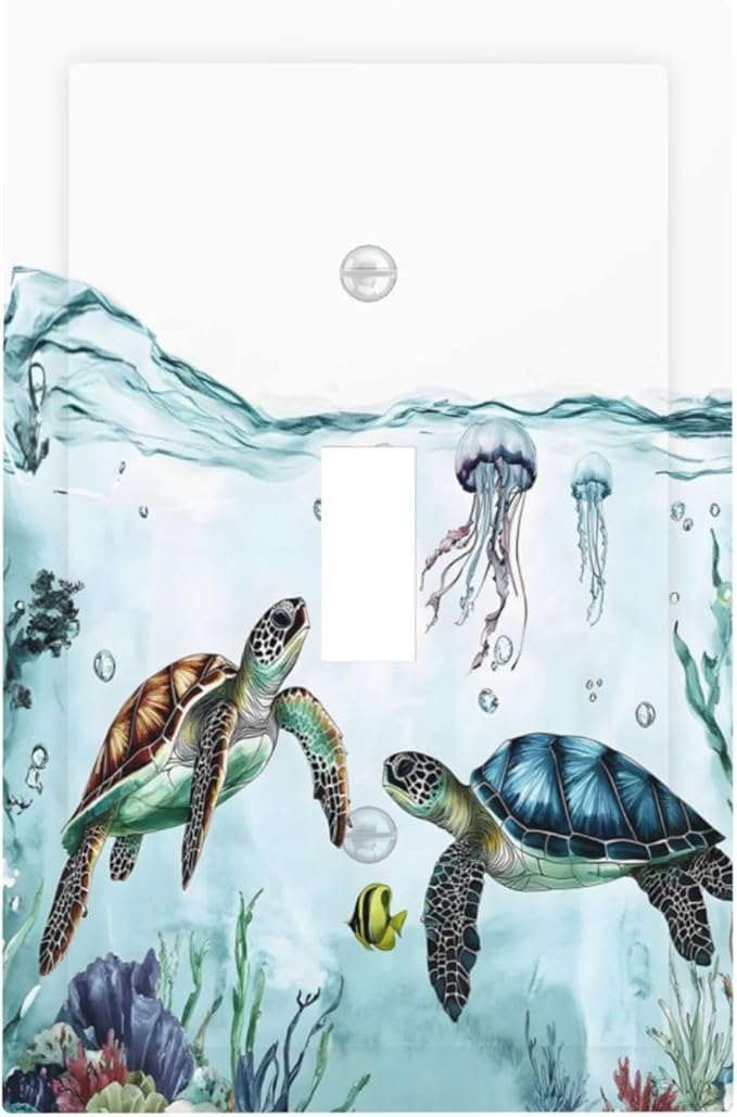Sea Turtles Sea Coral Seaweed Ocean Jellyfish Decorative Light Switch Cover 1 Gang Single Toggle Device Electrical Faceplate Switchplates Decorator Outlet Wall Plate for Kids Room Bathroom Decor