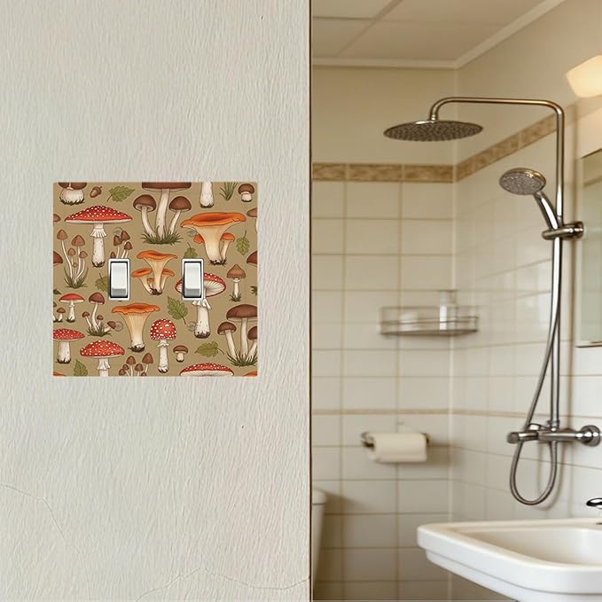 Whimsical Mycology Double Toggle Switch Cover - 2-Gang Standard US Size Vintage Mushroom Light Switch Covers, Woodland Medley for Farmhouse Home Decor
