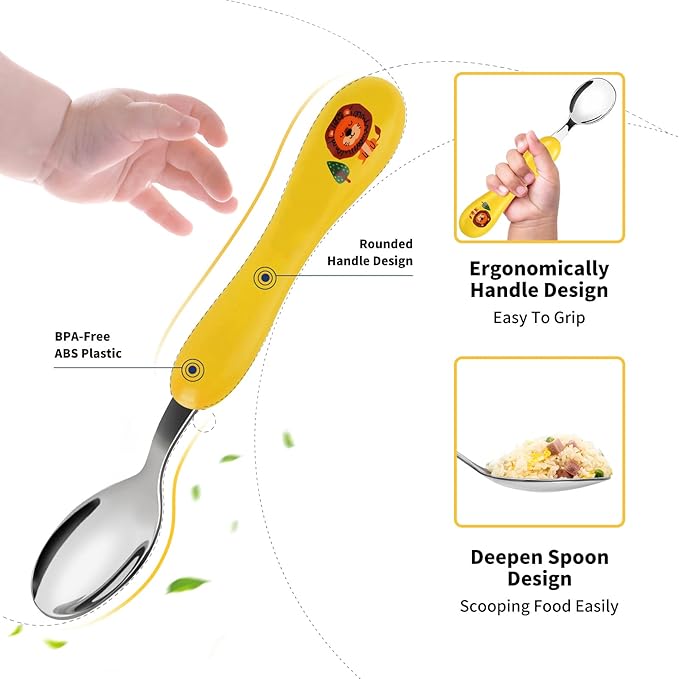 Lehoo Castle 6 Pieces Toddler Utensils, Kids Silverware for 2 3 4 Years Old, Stainless Steel Fork and Spoon Set with Plastic Handle, Safe Toddler Cutlery (Blue Yellow)