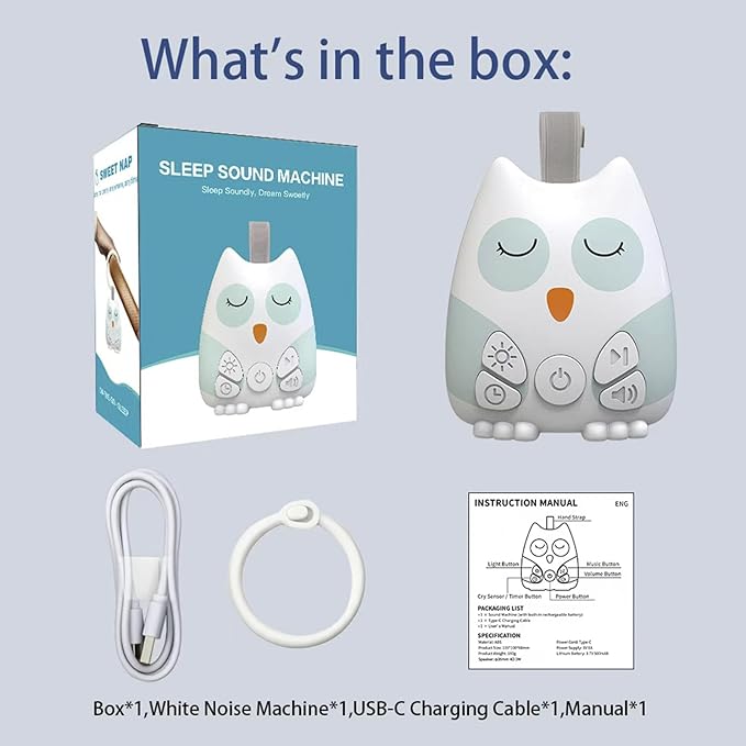 PandaEar Portable White Noise Machine for Baby, 15 Soothing Sound, Night Light, Sleep Sound Timer and Powered by USB for Baby Kids (Owl)