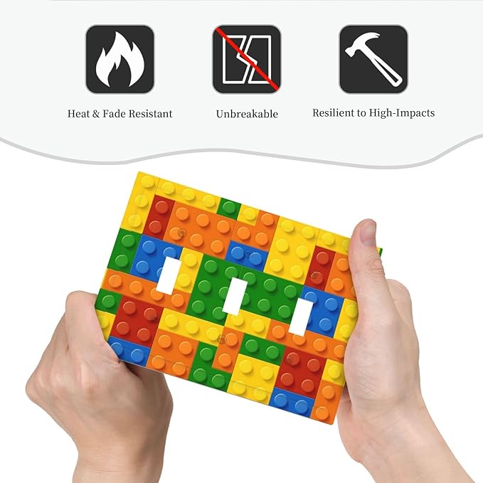 Building Blocks Theme Colored Bricks Print Decorative Switch Plates 3 Gang Wall Plate Triple Toggle Light Switch Cover Faceplate Electrical Wall Panels for Room Office Home Decor