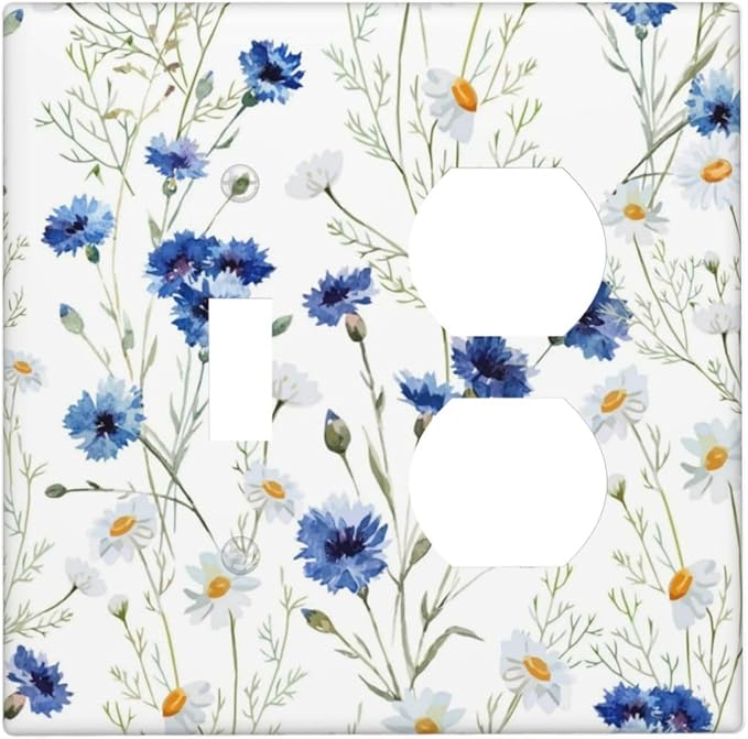 Outlet Covers Watercolor Daisy Blue Floral Vintage Plant 2 Gang Decorative Switch Plates 1 Toggle Duplex Combo Light Switch Cover GFCI Socket Cover WallPlates for Bedroom Home Decor