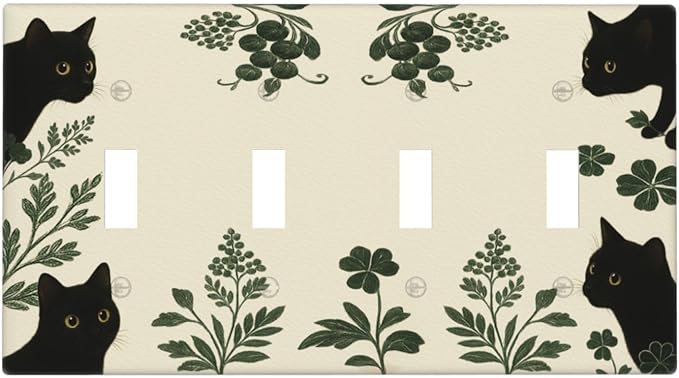 Decorative Light Switch Cover Plate Funny Black Cat Green Leaf 4 Gang Wall Plates for Electrical Outlets Quad Toggle Switch Plate Covers Outlet Covers Faceplate for Bedroom Home Decor