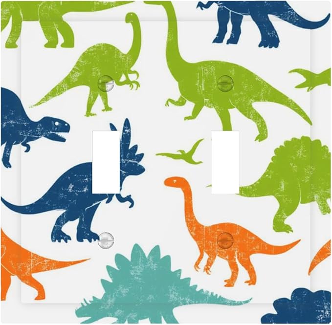 Colorful Dinosaur Double Toggle Switch Cover - 2-Gang Standard US Size Playful Dino Friends Light Switch Covers for Teen Boys Bedroom Playroom Decor
