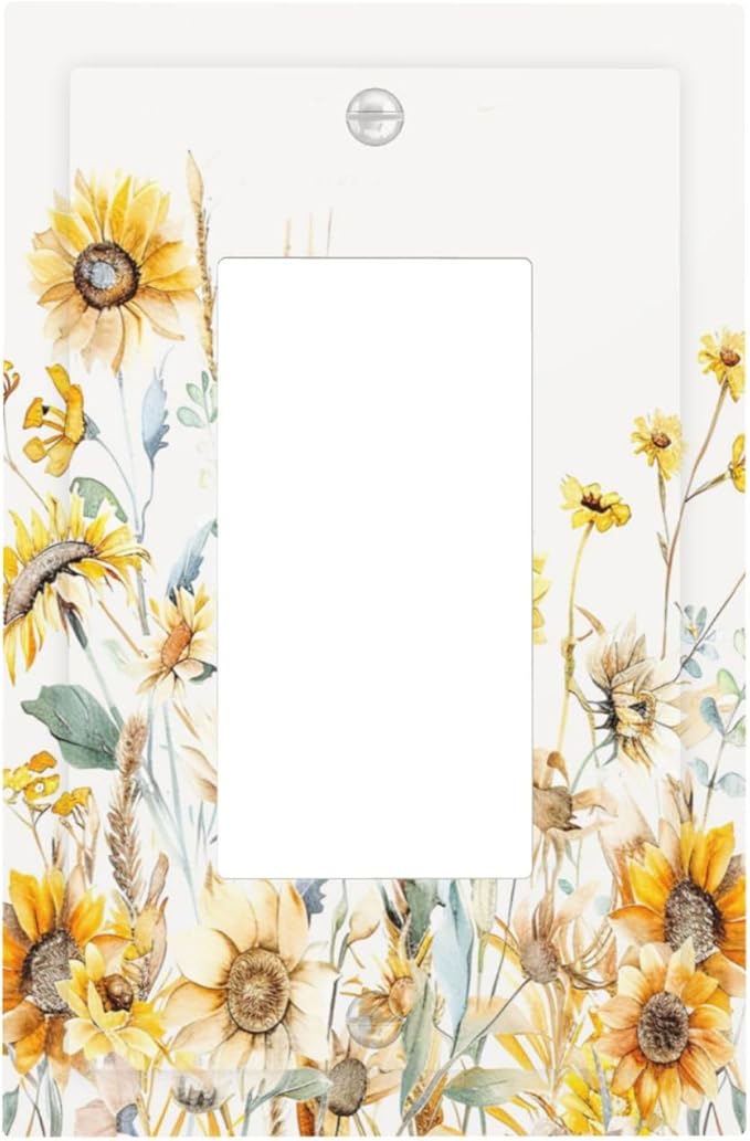 Yellow Floral Sunflowers Wheat Ears Watercolor Wild Flowers Decorative Outlet Covers 1 Gang Single Rocker Light Switch Cover Plate Wall Plates GFCI Faceplate for Bedroom Living Room Decor