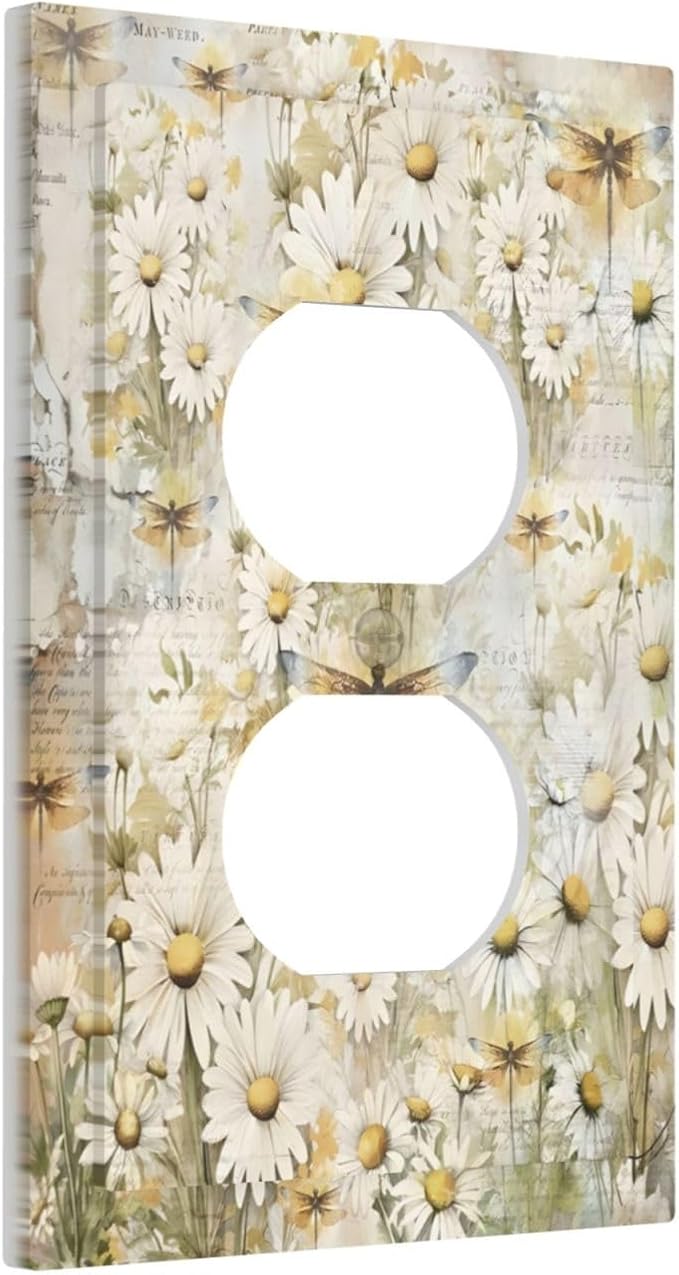Vintage Letter Paper Wildflowers Dragonfly Daisy Floral Outlet Covers 1 Gang Duplex Light Switch Cover Decorative Switch Plates Electrical Receptacle Faceplate Wall Plate for Farmhouse Bedroom Decor
