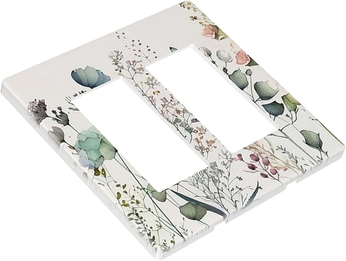 Watercolor Aqua Blue Flower Decorative Rocker GFCI Light Switch Cover 2-Gang Electrical Double Decorator Wall Plate Beige/Tan Floral Wildflower Blossom Herb Switches Faceplate Cover Dimmer Screwless