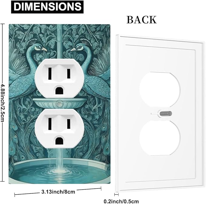 Art Nouveau Peacocks & Fountain in Teal Garden Duplex Wall Plate - 1-Gang Standard US Size Elegant Garden Escape Outlet Covers for Living Room Decor