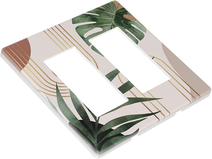 1970s Boho Mid Century Sun Bohemian Palm Leaf Minimalist Abstract Art 2 Gang Screwless Double GFCI Decorator/Rocker Outlet Light Switch Wall Plate Covers Decorative Dual Device Receptacle Faceplate