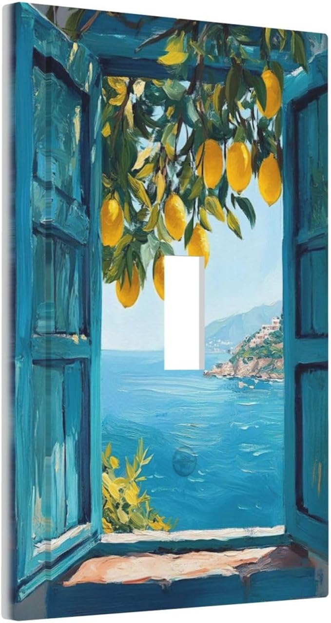 Window View Coastal Lemon Tree Mediterranean Landscape Decorative Light Switch Cover 1 Gang Single Toggle Device Electrical Faceplate Switchplates Decorator Outlet Wall Plate for Bedroom Living Room