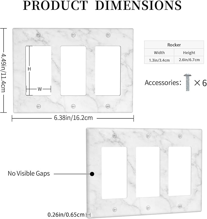 Faux White Marble Printed Triple Gang Rocker Decorative Light Switch Cover, 3-Gang Wall Plate Outlet Cover