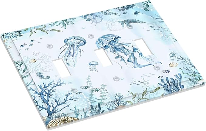 Decorative Switch Plates Jellyfish Teal Blue Ocean Turtle Coastal Beach 3 Gang Wall Plate Faceplate Triple Toggle Light Switch Cover Electrical Wall Panels for Bedroom Bathroom Decor