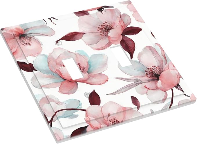 Watercolor Pink Cherry Blossom & Floral Burst Double Toggle Switch Cover - 2-Gang Standard US Size Romantic Floral Escape Light Switch Covers for Bathroom Bedroom Vanity Decor