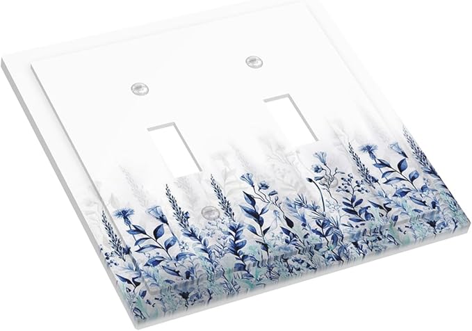Decorative Light Switch Cover Plate Rustic Blue Plants Wildflowers Boho Leaves Unique 2 Gang Wall Plate Cover Double Toggle Switch Plate Covers Electric Dual Device Electrical Faceplate