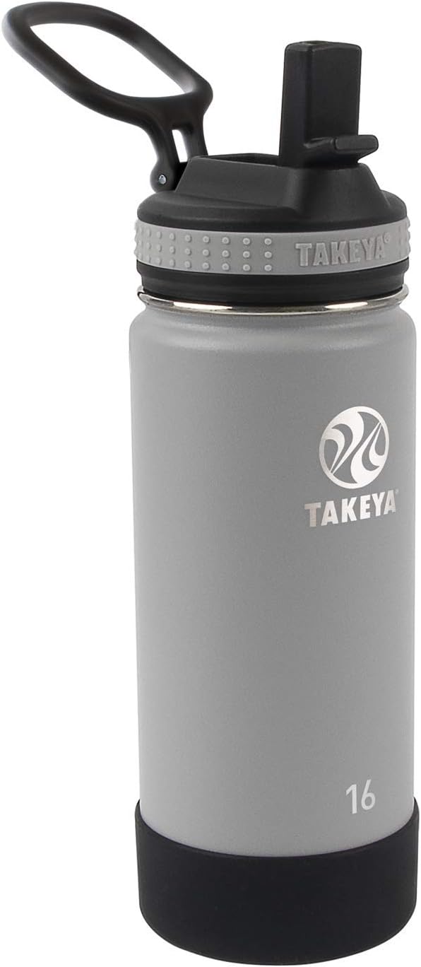 Takeya Actives Kids Water Bottle 16 oz Stainless Steel Double Wall Insulation BPA-Free Leakproof Straw Lid Easy Carry Handle Reusable Ideal for Boys and Girls, School, Sports - Platinum / Onyx