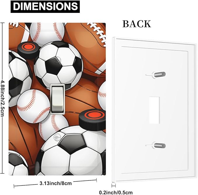 All-Star Sports Balls Collage 1-Gang Toggle Light Switch Plate, Football Baseball Soccer Game Day Themed Decorative Wall Plate for Boy's Bedroom